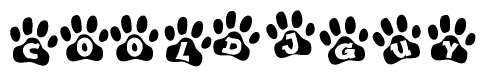 The image shows a series of animal paw prints arranged horizontally. Within each paw print, there's a letter; together they spell Cooldjguy
