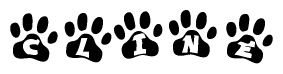 The image shows a series of animal paw prints arranged in a horizontal line. Each paw print contains a letter, and together they spell out the word Cline.