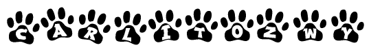 The image shows a series of animal paw prints arranged horizontally. Within each paw print, there's a letter; together they spell Carlitozwy