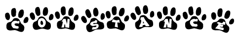 The image shows a series of animal paw prints arranged horizontally. Within each paw print, there's a letter; together they spell Constance
