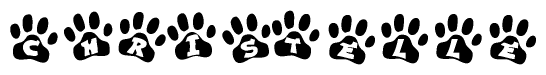 The image shows a series of animal paw prints arranged horizontally. Within each paw print, there's a letter; together they spell Christelle
