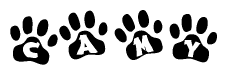 The image shows a row of animal paw prints, each containing a letter. The letters spell out the word Camy within the paw prints.