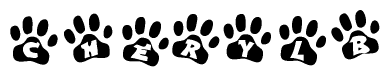 The image shows a series of animal paw prints arranged in a horizontal line. Each paw print contains a letter, and together they spell out the word Cherylb.