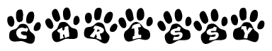 The image shows a row of animal paw prints, each containing a letter. The letters spell out the word Chrissy within the paw prints.