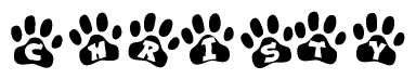 The image shows a series of animal paw prints arranged horizontally. Within each paw print, there's a letter; together they spell Christy
