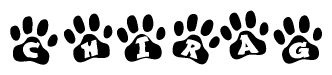 The image shows a series of animal paw prints arranged horizontally. Within each paw print, there's a letter; together they spell Chirag