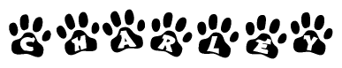 The image shows a series of animal paw prints arranged in a horizontal line. Each paw print contains a letter, and together they spell out the word Charley.