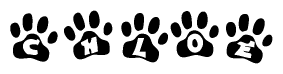 The image shows a row of animal paw prints, each containing a letter. The letters spell out the word Chloe within the paw prints.