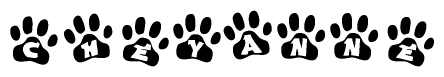 The image shows a series of animal paw prints arranged horizontally. Within each paw print, there's a letter; together they spell Cheyanne