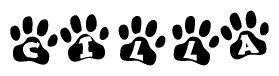 The image shows a row of animal paw prints, each containing a letter. The letters spell out the word Cilla within the paw prints.