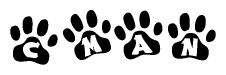 The image shows a series of animal paw prints arranged in a horizontal line. Each paw print contains a letter, and together they spell out the word Cman.