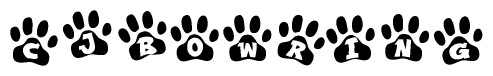 The image shows a series of animal paw prints arranged in a horizontal line. Each paw print contains a letter, and together they spell out the word Cjbowring.