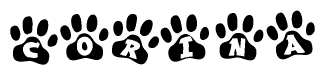 The image shows a row of animal paw prints, each containing a letter. The letters spell out the word Corina within the paw prints.