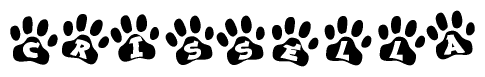The image shows a series of animal paw prints arranged in a horizontal line. Each paw print contains a letter, and together they spell out the word Crissella.