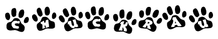 The image shows a series of animal paw prints arranged in a horizontal line. Each paw print contains a letter, and together they spell out the word Chuckrau.