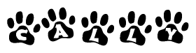 The image shows a series of animal paw prints arranged in a horizontal line. Each paw print contains a letter, and together they spell out the word Cally.
