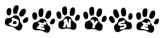 The image shows a row of animal paw prints, each containing a letter. The letters spell out the word Denyse within the paw prints.