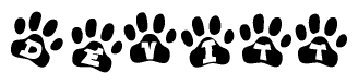 The image shows a series of animal paw prints arranged in a horizontal line. Each paw print contains a letter, and together they spell out the word Devitt.