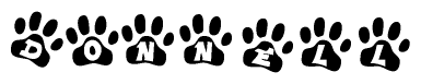 The image shows a row of animal paw prints, each containing a letter. The letters spell out the word Donnell within the paw prints.