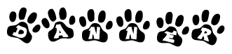 The image shows a series of animal paw prints arranged in a horizontal line. Each paw print contains a letter, and together they spell out the word Danner.