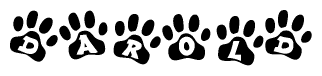 The image shows a series of animal paw prints arranged horizontally. Within each paw print, there's a letter; together they spell Darold