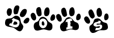 The image shows a series of animal paw prints arranged in a horizontal line. Each paw print contains a letter, and together they spell out the word Dois.