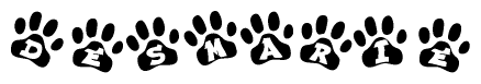The image shows a row of animal paw prints, each containing a letter. The letters spell out the word Desmarie within the paw prints.