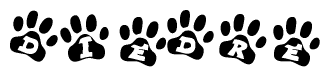The image shows a series of animal paw prints arranged horizontally. Within each paw print, there's a letter; together they spell Diedre
