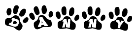 The image shows a series of animal paw prints arranged in a horizontal line. Each paw print contains a letter, and together they spell out the word Danny.