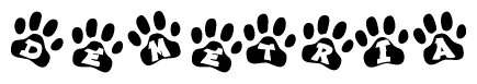 The image shows a series of animal paw prints arranged in a horizontal line. Each paw print contains a letter, and together they spell out the word Demetria.