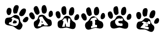 The image shows a series of animal paw prints arranged horizontally. Within each paw print, there's a letter; together they spell Danice