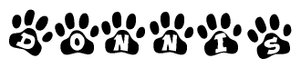 The image shows a row of animal paw prints, each containing a letter. The letters spell out the word Donnis within the paw prints.