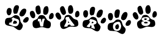 The image shows a series of animal paw prints arranged in a horizontal line. Each paw print contains a letter, and together they spell out the word Dvar08.