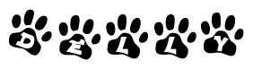 The image shows a series of animal paw prints arranged horizontally. Within each paw print, there's a letter; together they spell Delly