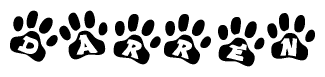 The image shows a series of animal paw prints arranged horizontally. Within each paw print, there's a letter; together they spell Darren