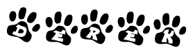 The image shows a series of animal paw prints arranged in a horizontal line. Each paw print contains a letter, and together they spell out the word Derek.