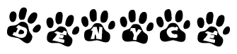 The image shows a row of animal paw prints, each containing a letter. The letters spell out the word Denyce within the paw prints.