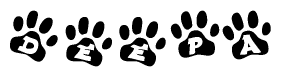 The image shows a series of animal paw prints arranged in a horizontal line. Each paw print contains a letter, and together they spell out the word Deepa.