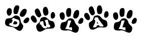 The image shows a row of animal paw prints, each containing a letter. The letters spell out the word Dulal within the paw prints.