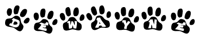 The image shows a series of animal paw prints arranged in a horizontal line. Each paw print contains a letter, and together they spell out the word Dewayne.