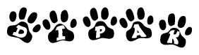 The image shows a series of animal paw prints arranged horizontally. Within each paw print, there's a letter; together they spell Dipak