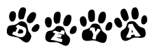 The image shows a series of animal paw prints arranged in a horizontal line. Each paw print contains a letter, and together they spell out the word Deya.