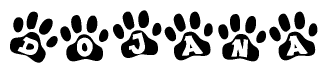 The image shows a series of animal paw prints arranged horizontally. Within each paw print, there's a letter; together they spell Dojana