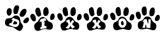 The image shows a series of animal paw prints arranged in a horizontal line. Each paw print contains a letter, and together they spell out the word Dixxon.