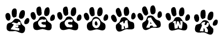 The image shows a row of animal paw prints, each containing a letter. The letters spell out the word Eccohawk within the paw prints.