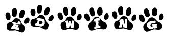 The image shows a series of animal paw prints arranged in a horizontal line. Each paw print contains a letter, and together they spell out the word Edwing.