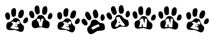 The image shows a row of animal paw prints, each containing a letter. The letters spell out the word Eve-anne within the paw prints.