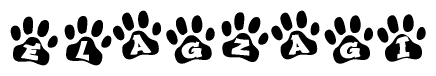 The image shows a series of animal paw prints arranged in a horizontal line. Each paw print contains a letter, and together they spell out the word Elagzagi.