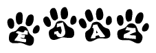 The image shows a series of animal paw prints arranged in a horizontal line. Each paw print contains a letter, and together they spell out the word Ejaz.