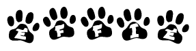 The image shows a series of animal paw prints arranged horizontally. Within each paw print, there's a letter; together they spell Effie